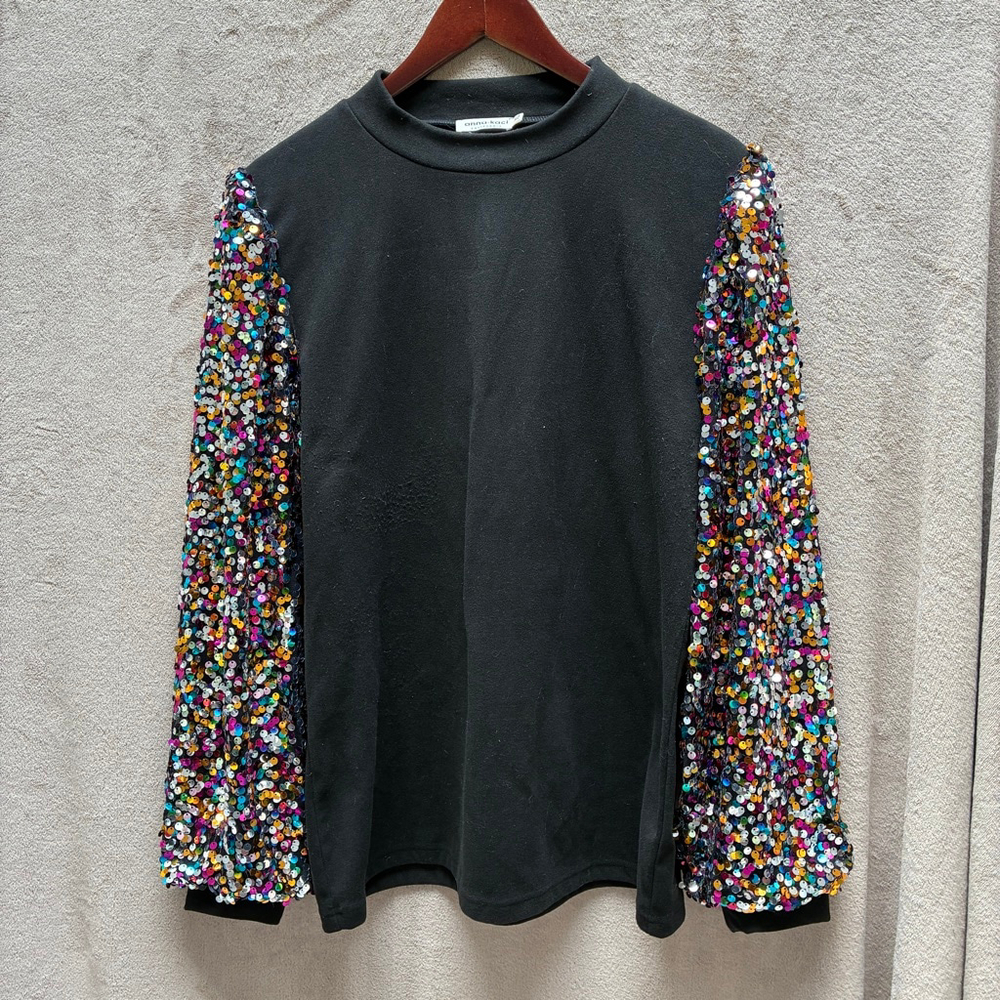 Anna-Kaci Black Multicolor Sequin Sleeve Sweatshirt XL Glam Sparkle Whimsy